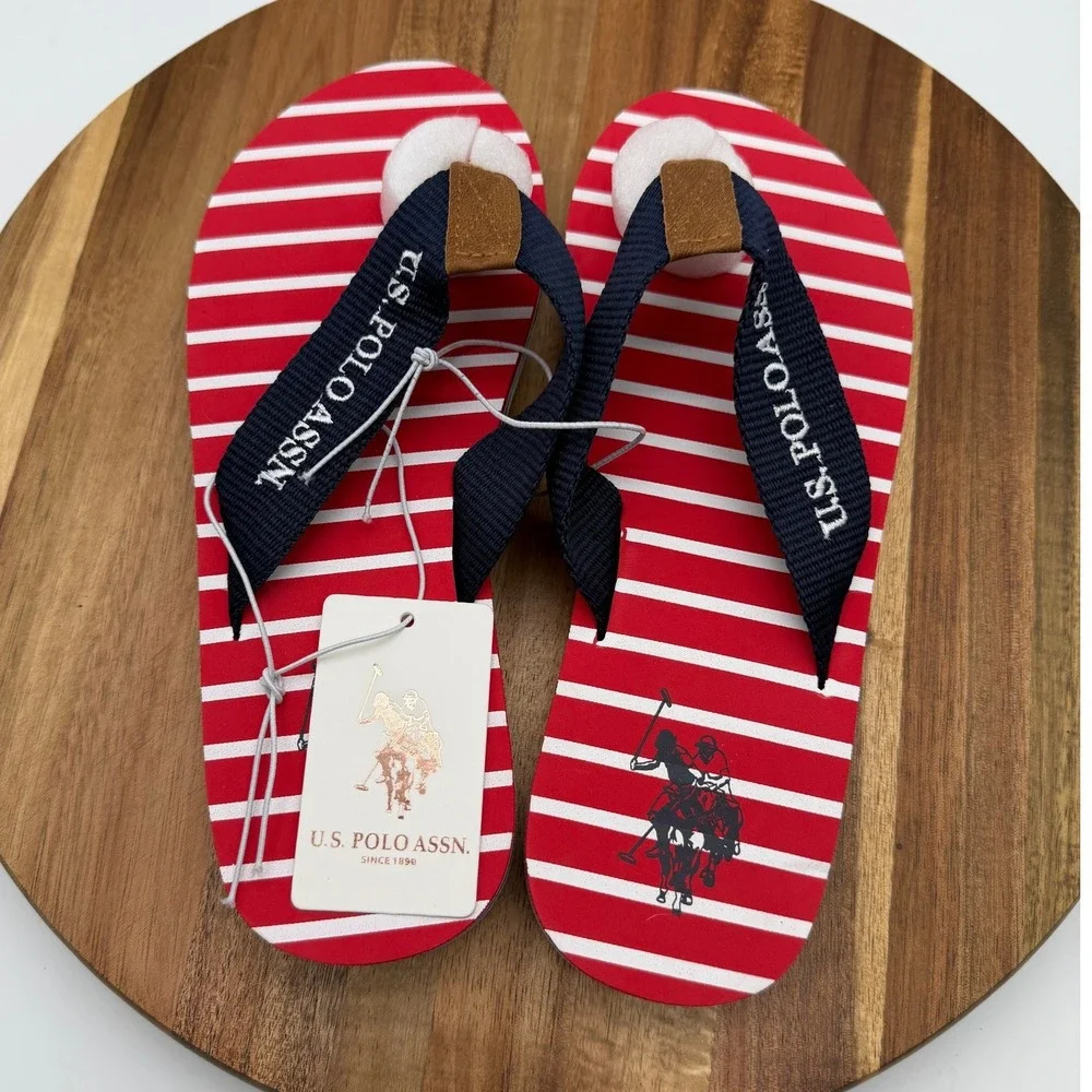 U.S. Polo Assn. Size 5-6 Flip Flops Red White Striped Sandals‎ 1065